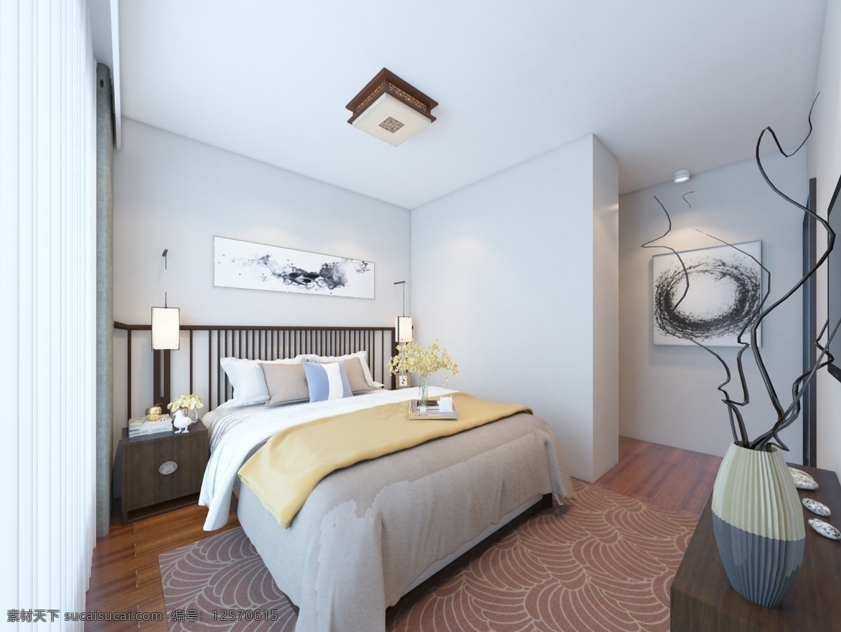 清晰 新 中式 卧室 空间 效果 壁灯 窗帘 地板 双人床 插画 电视柜组合 装饰地毯