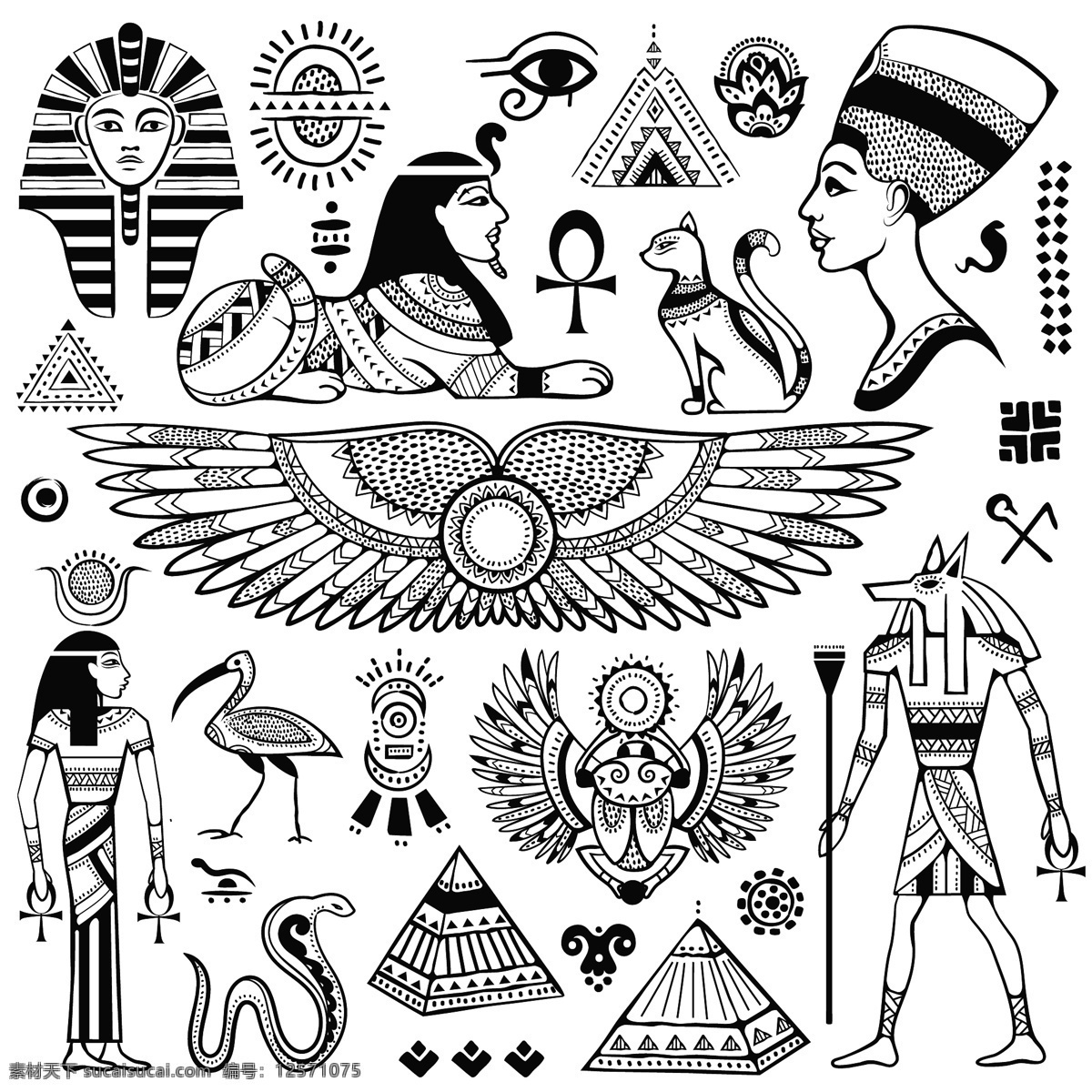 古埃及文化 埃及文化元素 矢量素材 文化特色 扁平化图标 金字塔 狮身人面像 法老 文化艺术 传统文化