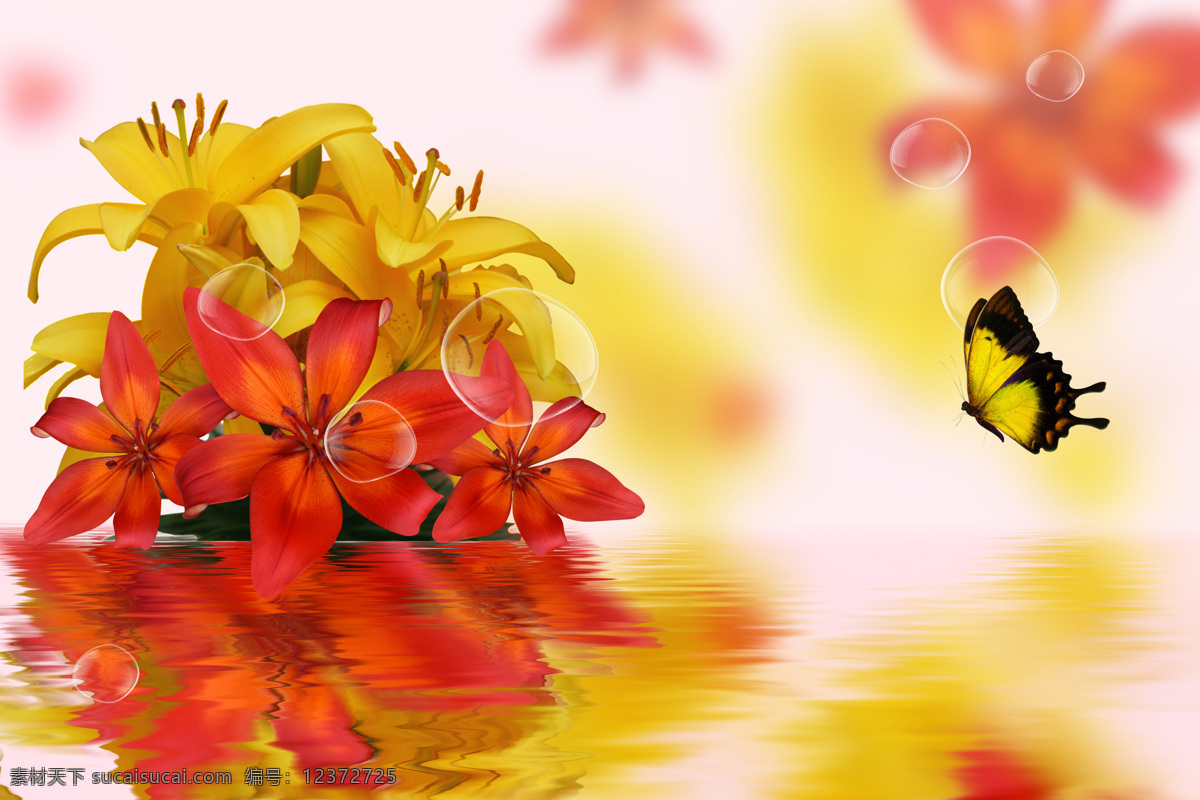 百合 倒影 百合花 电视背景墙 蝴蝶 梦幻背景 沙发背景墙 花倒影 百合倒影 家居装饰素材 壁纸墙画壁纸