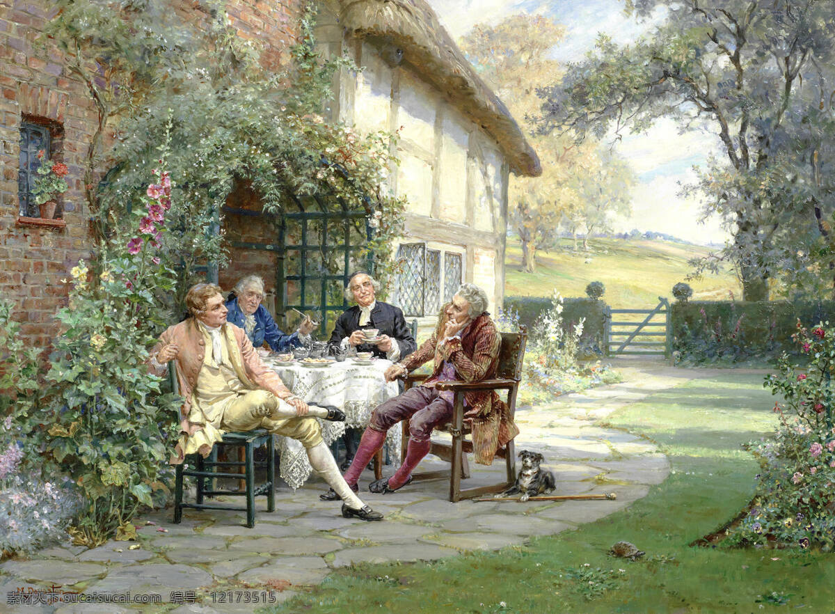 下午茶油画 乡间 四位绅士 悠闲 品茶 春天 19世纪油画 油画 文化艺术 绘画书法