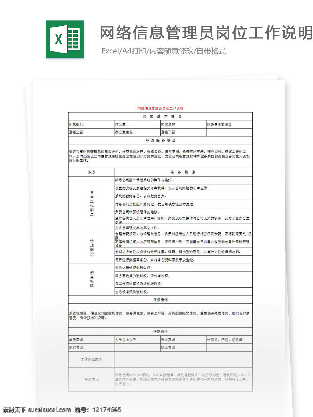 网络 信息 管理员 岗位 工作 说明 excel 表格 表格模板 表格设计 图表 岗位说明书