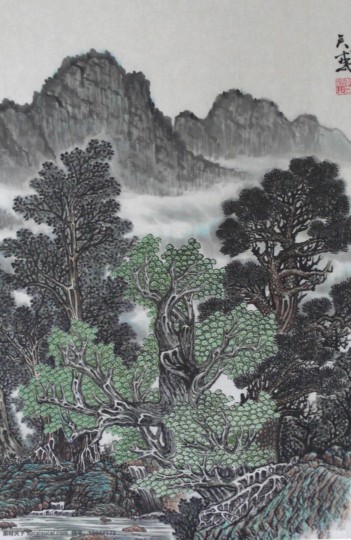 水墨 树木 题 字画 山水 题字 家居装饰素材 山水风景画