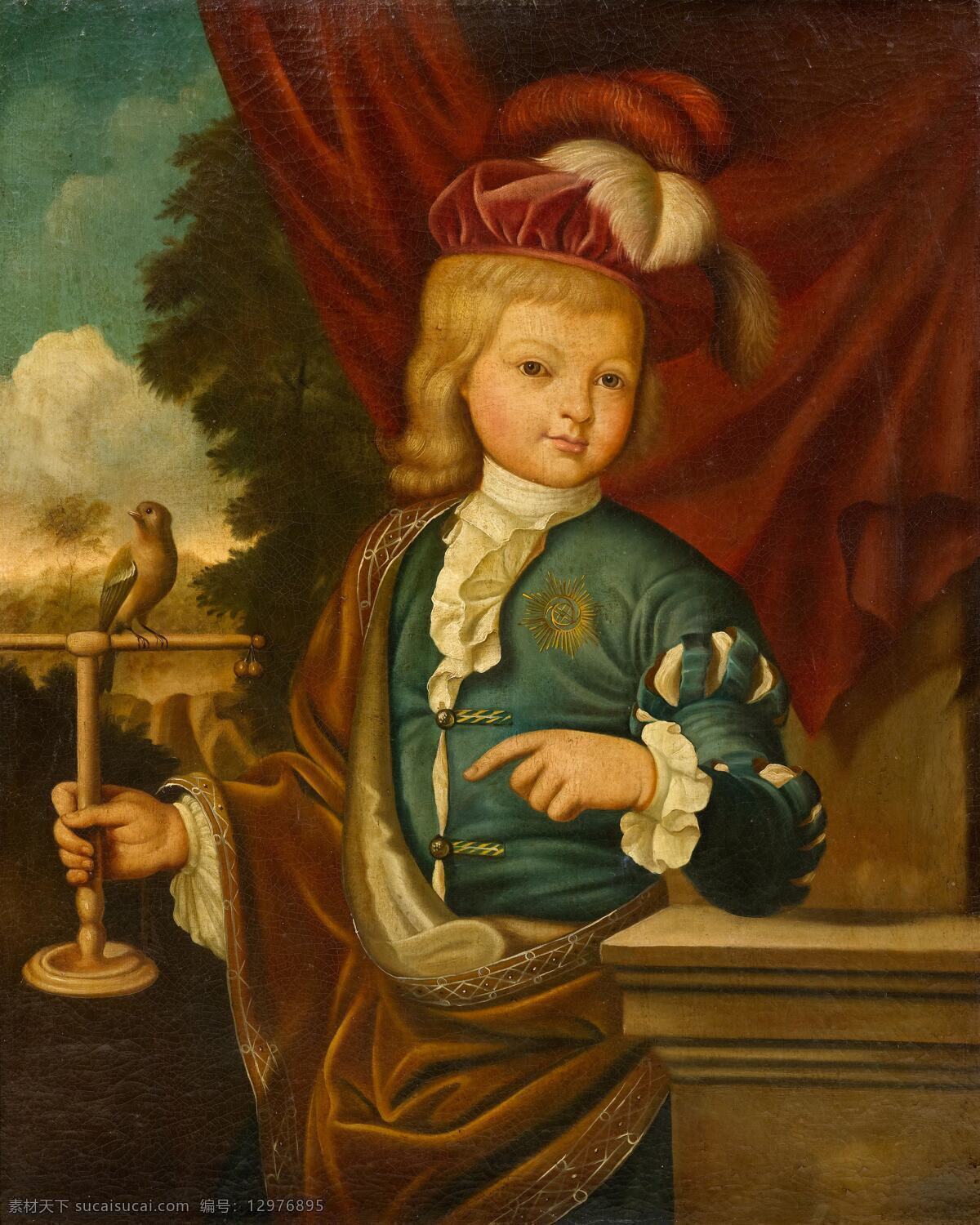男孩儿与鸟儿 贵族之家 儿童 羽毛帽子 水泥台 红色帘子 古典油画 油画 文化艺术 绘画书法