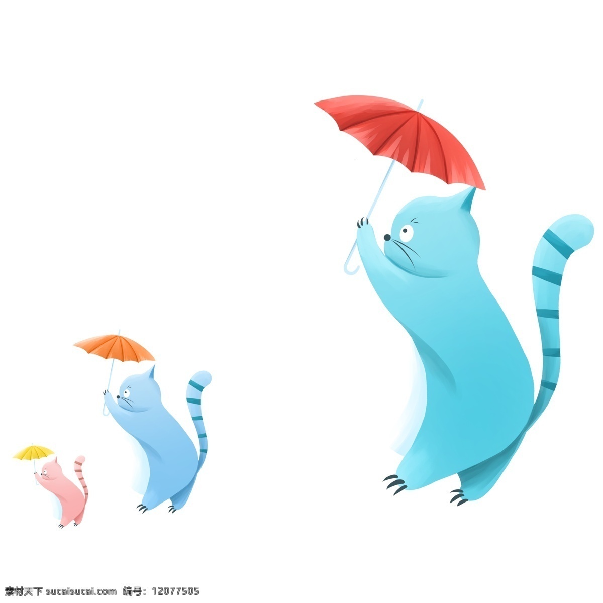 手绘 一群 撑 伞 猫咪 动物 卡通 插画 撑着伞 小猫 治愈系