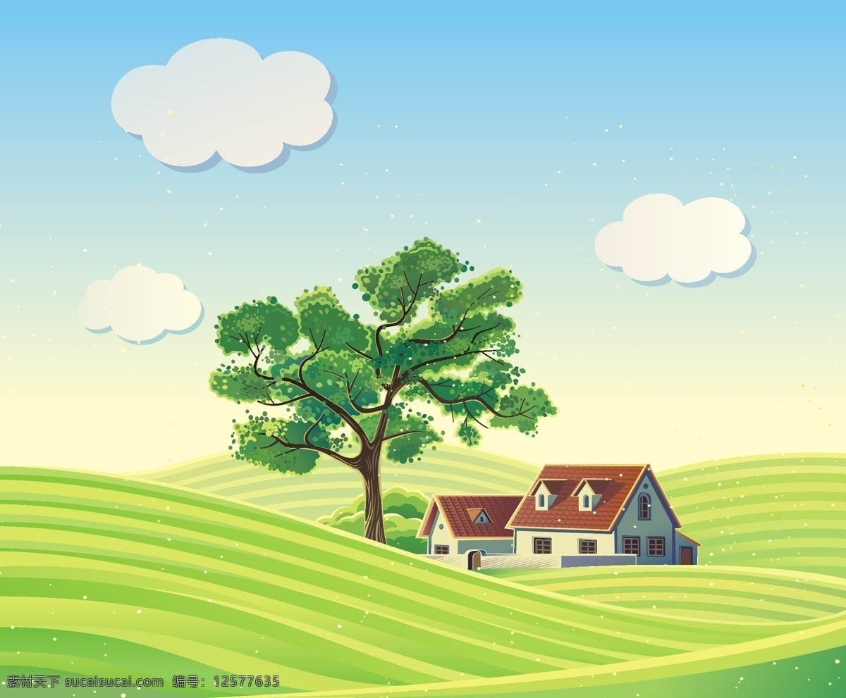 农场 里 大树 房子 矢量 蓝天 白云 牧场 草地 春天 卡通风景