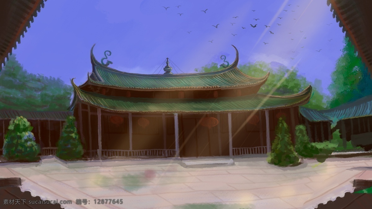 中国 古代建筑 院落 卡通 背景 古代 建筑 阳光 植物 幽深
