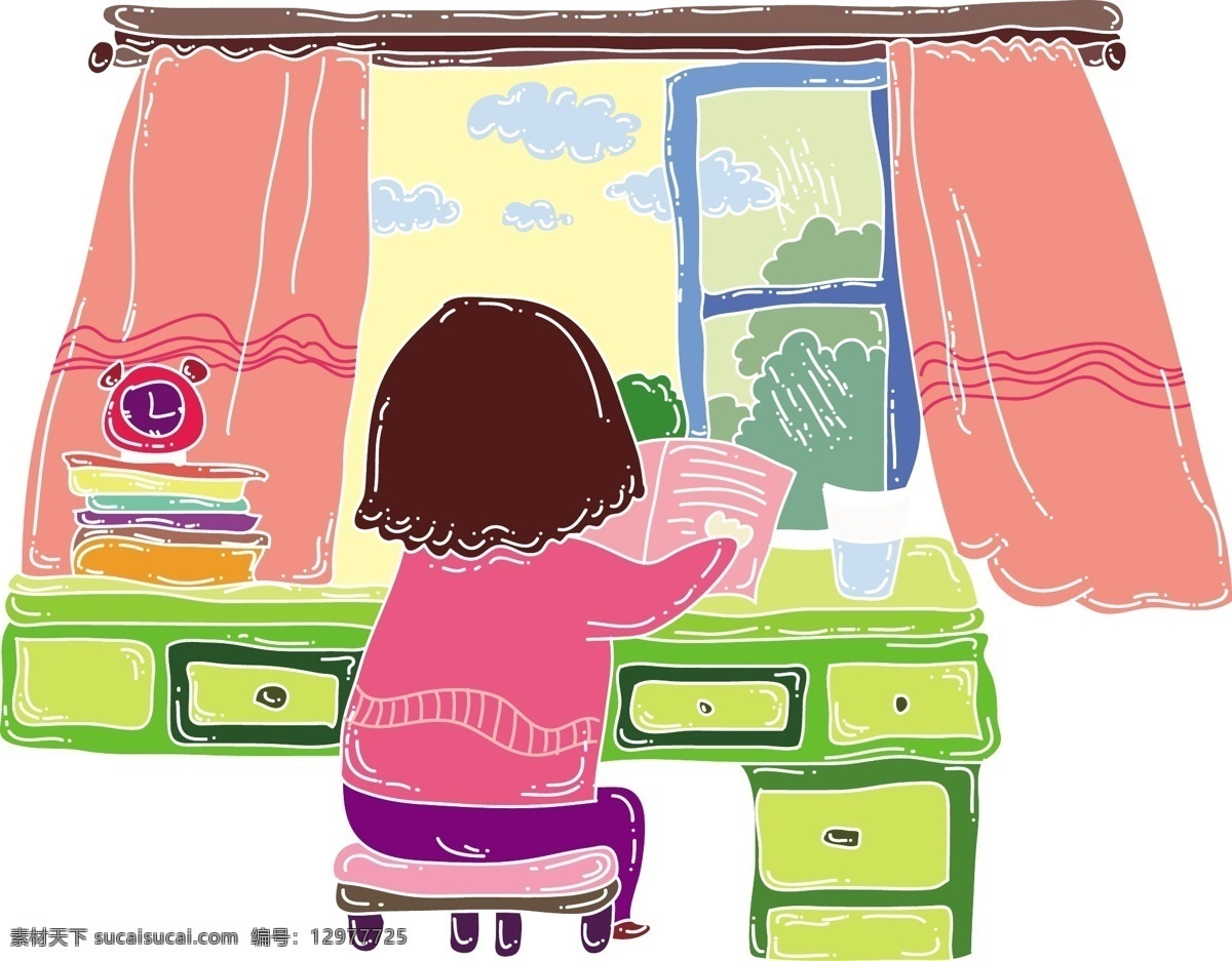 卡通 读书 小女孩 商用 元素 窗台 矢量