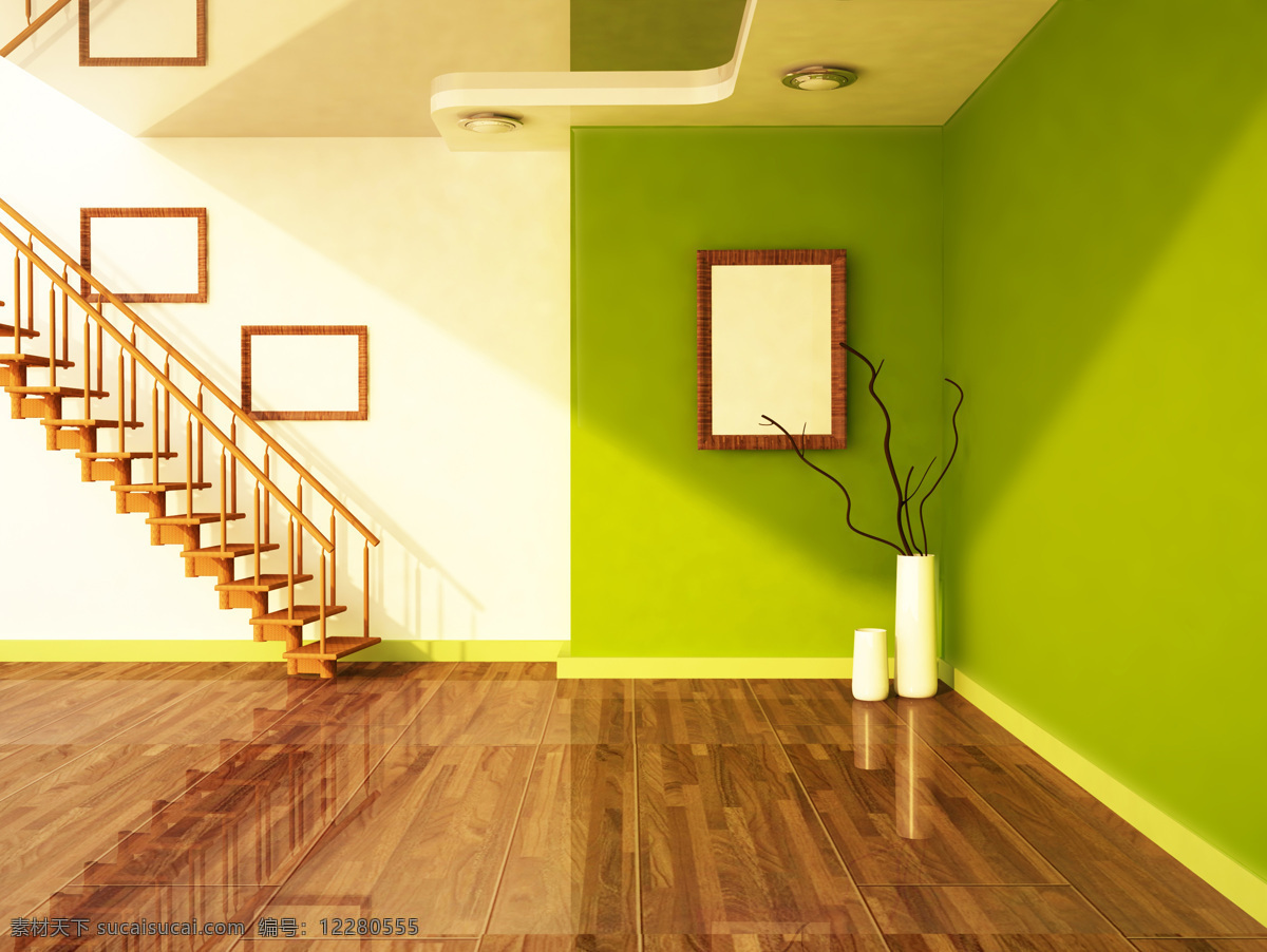 清新 室内 清新的室内 地板 绿色墙壁 木质楼梯 室内设计 环境家居