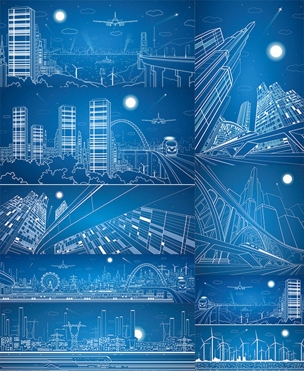 线条 建筑设计 矢量 蓝色背景 城市景色 线性 手绘 城市 建筑 插画 蓝色
