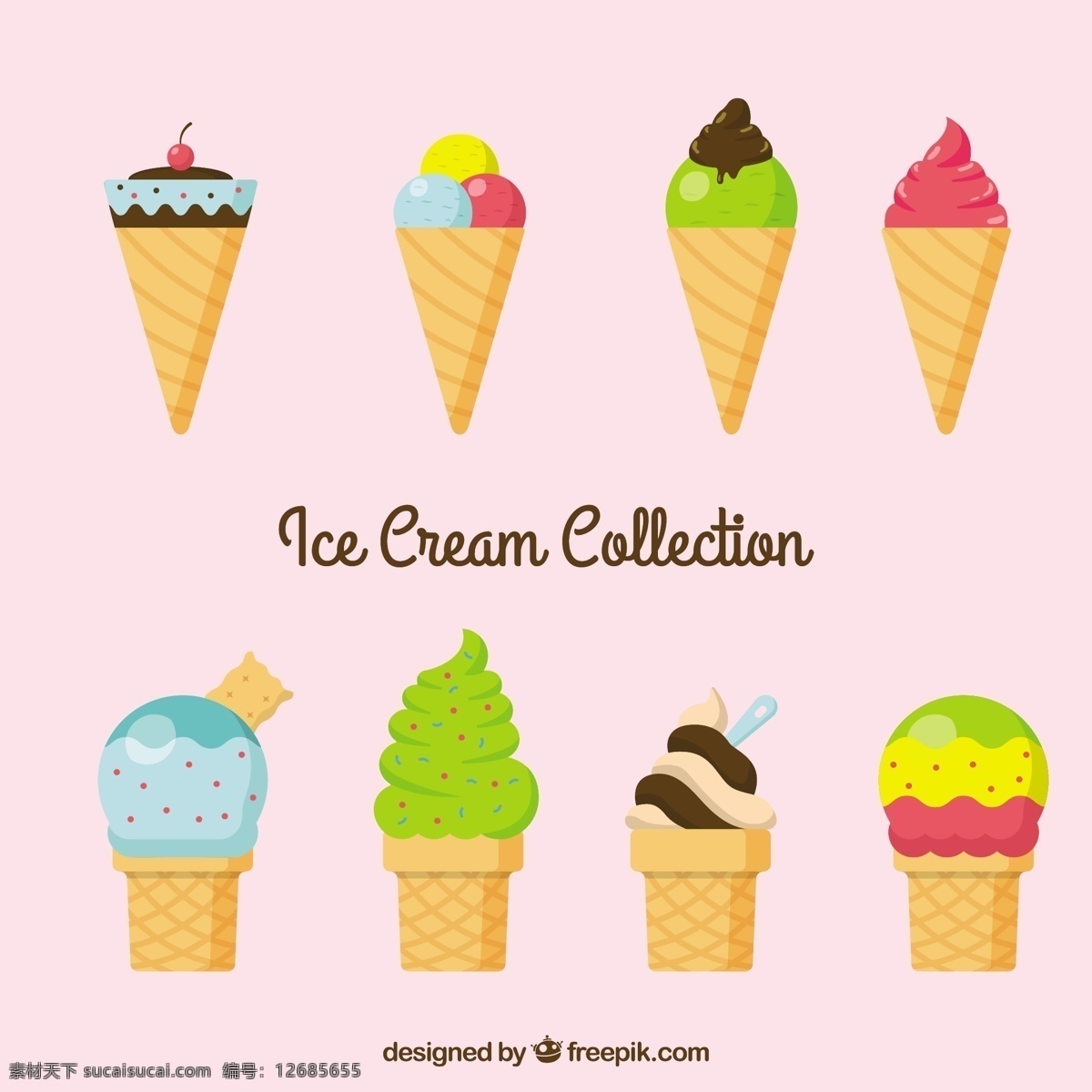 八 美味 冰淇淋 品种 食品 夏季 颜色 平板 冰 甜 平面设计 甜点 奶油 吃 季节 锥 味道 色彩 冷却