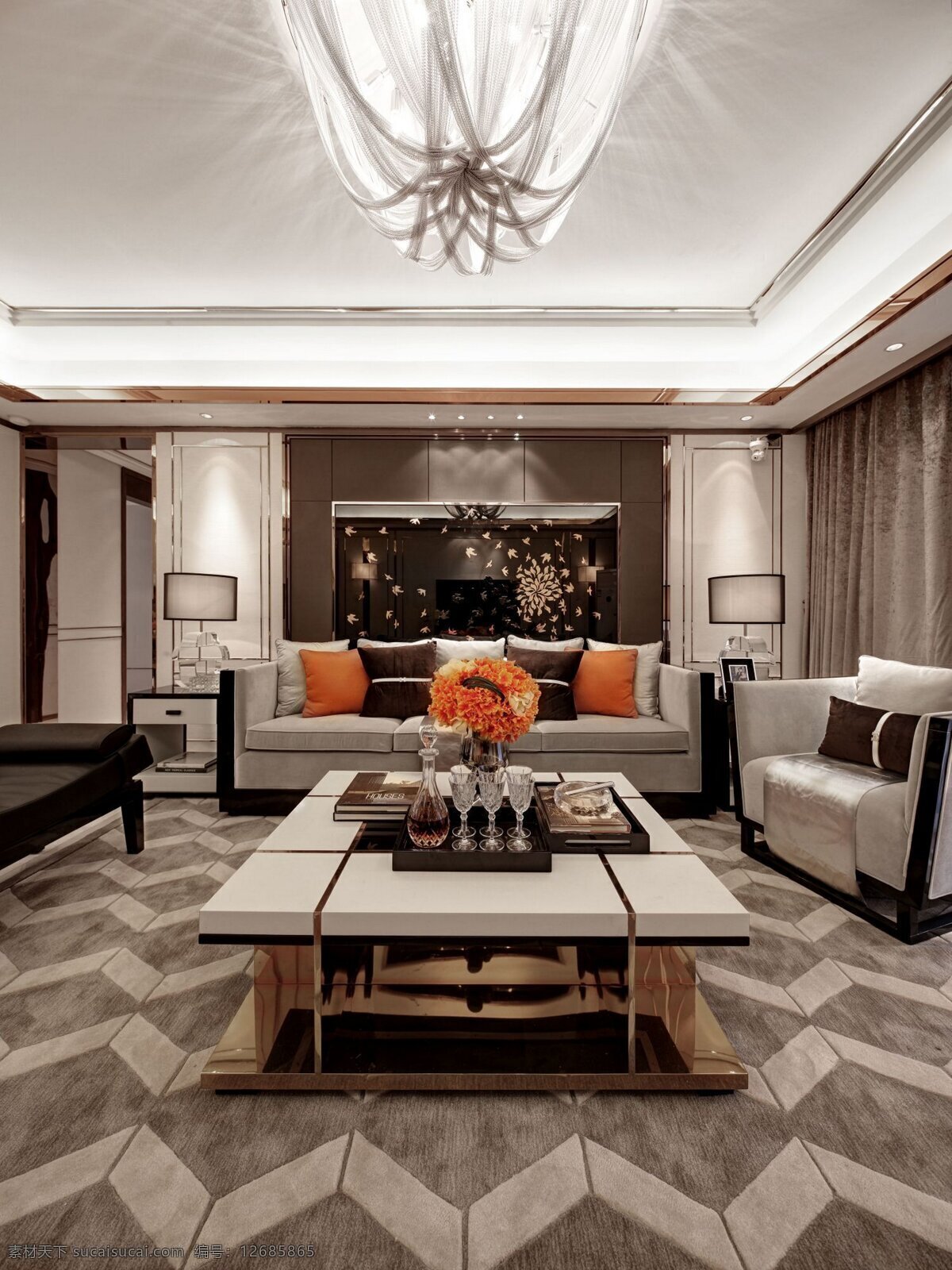 现代 时尚 客厅 沙发 室内装修 效果图 吊灯 客厅装修 几何图案地毯 深色背景墙