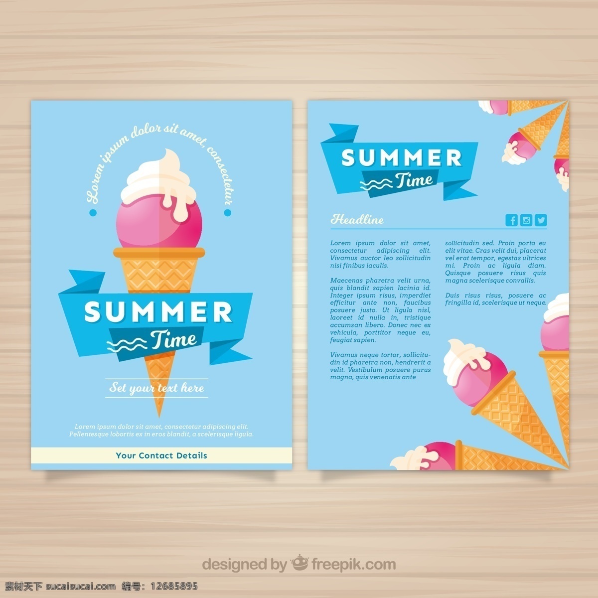 美味 冰淇淋 夏季 度假 宣传单 矢量 清凉 夏天 清新 双面 诱人