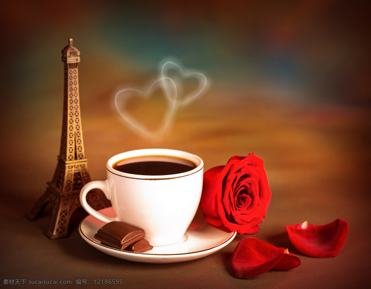 咖啡情调 咖啡 玫瑰 爱心 情人节 巴黎铁塔 浪漫 怀旧 背景 节日庆祝 文化艺术