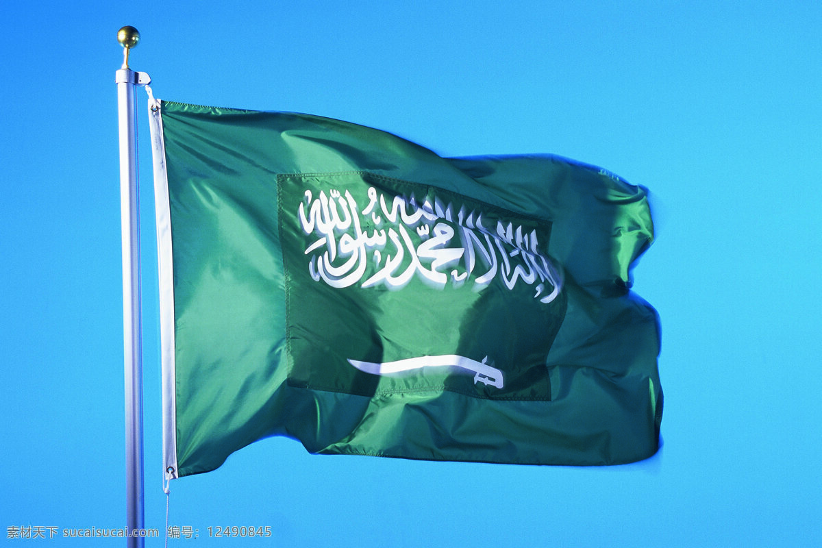 沙特国旗 沙特 国旗 旗帜 飘扬 旗杆 天空 文化艺术 摄影图库