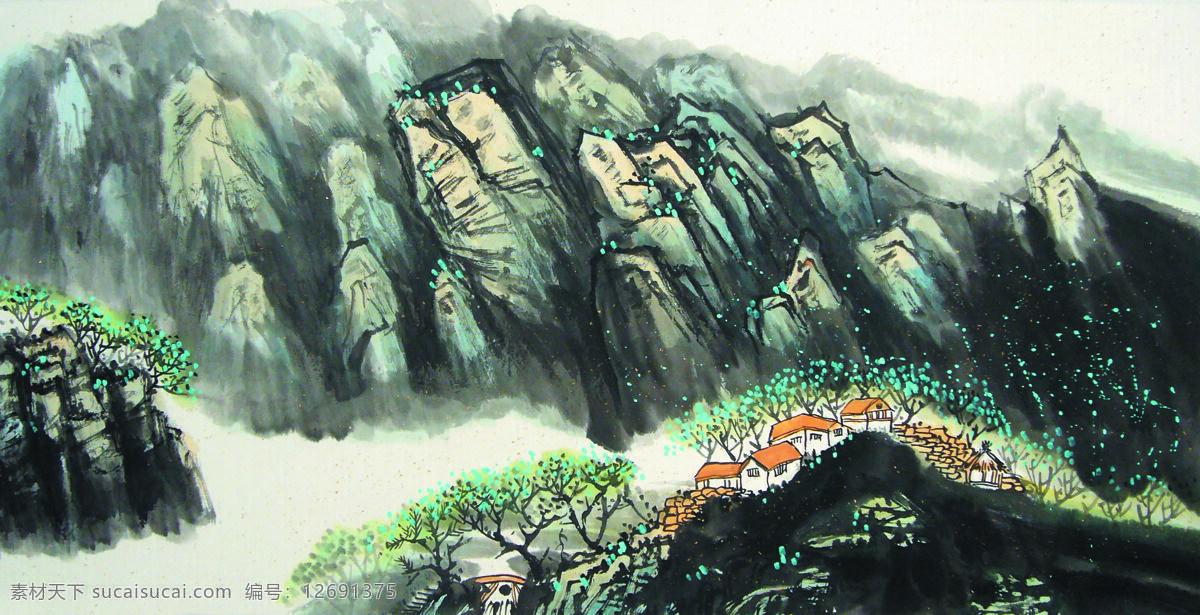 房屋 国画艺术 绘画书法 美术 山峰 山岭 山水画 春山 人家 设计素材 模板下载 春山人家 中国画 云雾 山道 树木 文化艺术