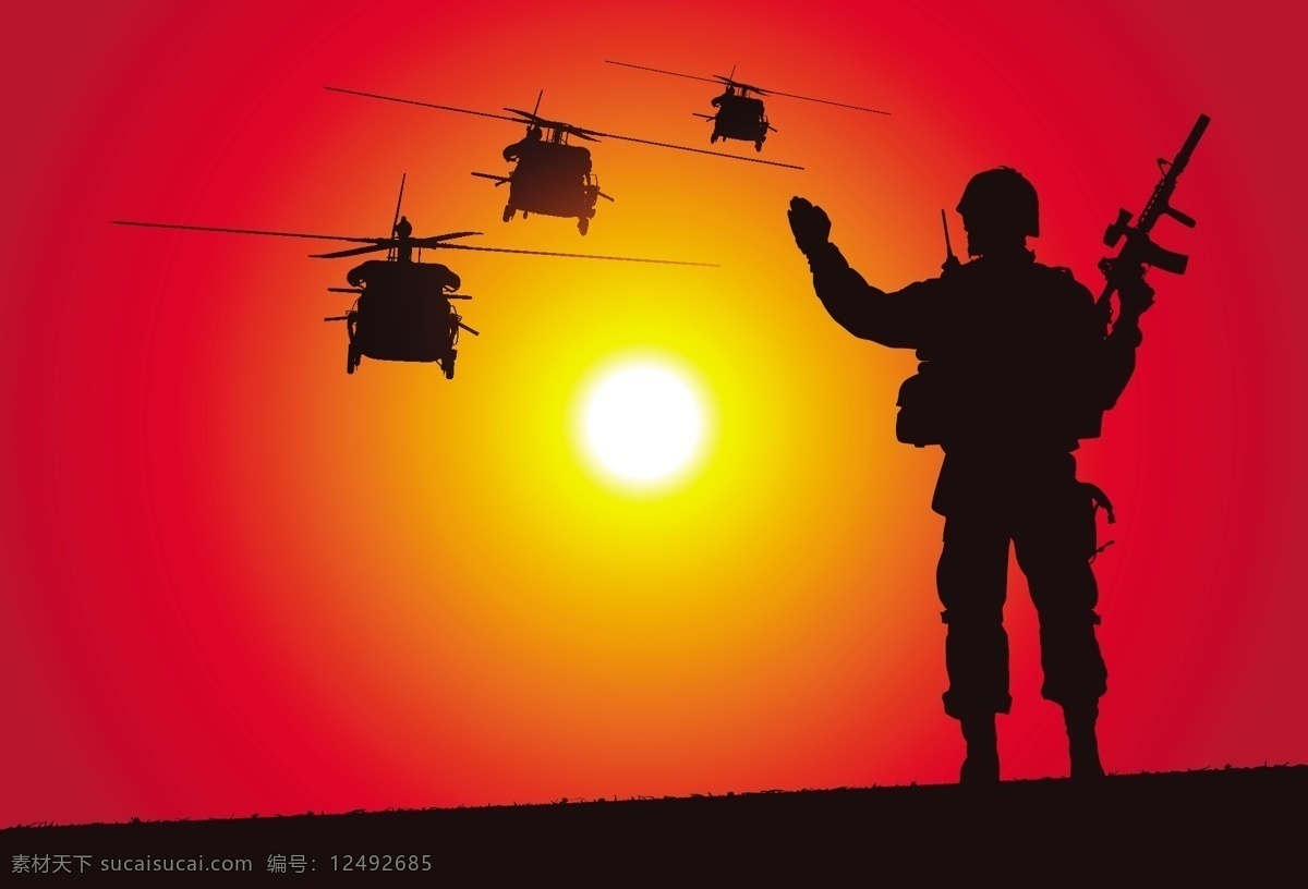 军事插画 战争插画 军事 战争 特种兵 特种部队 士兵 直升机 战场 夕阳 黑鹰直升机 剪影