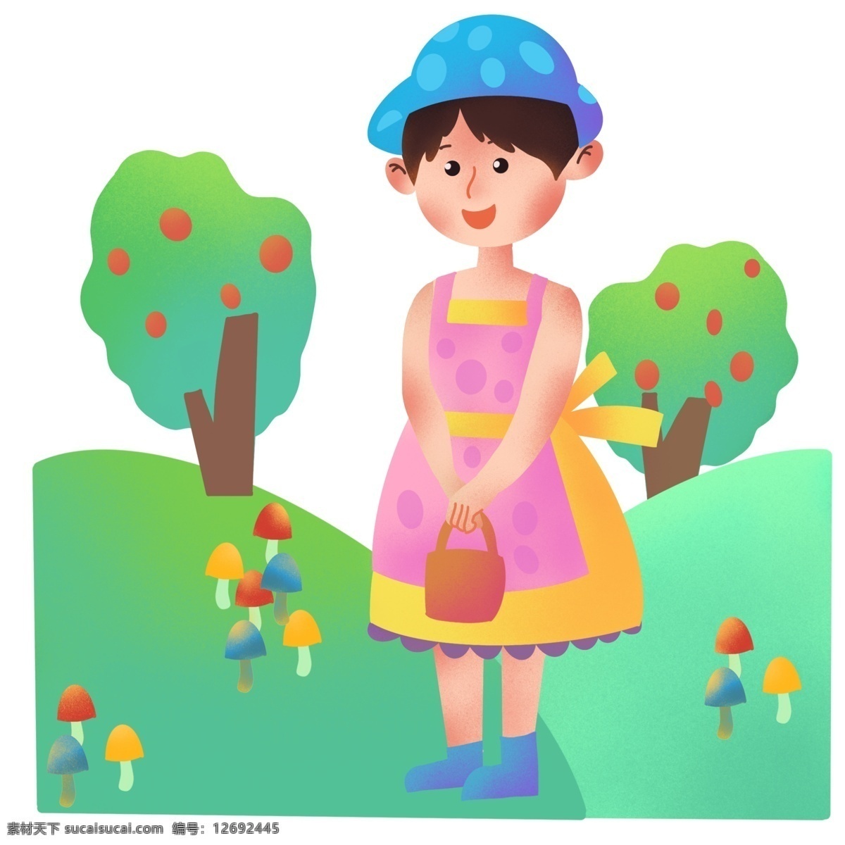 春游 女孩 果树 插画 春游人物插画 绿色的果树 红色的苹果 彩色的蘑菇 漂亮的小女孩 卡通人物