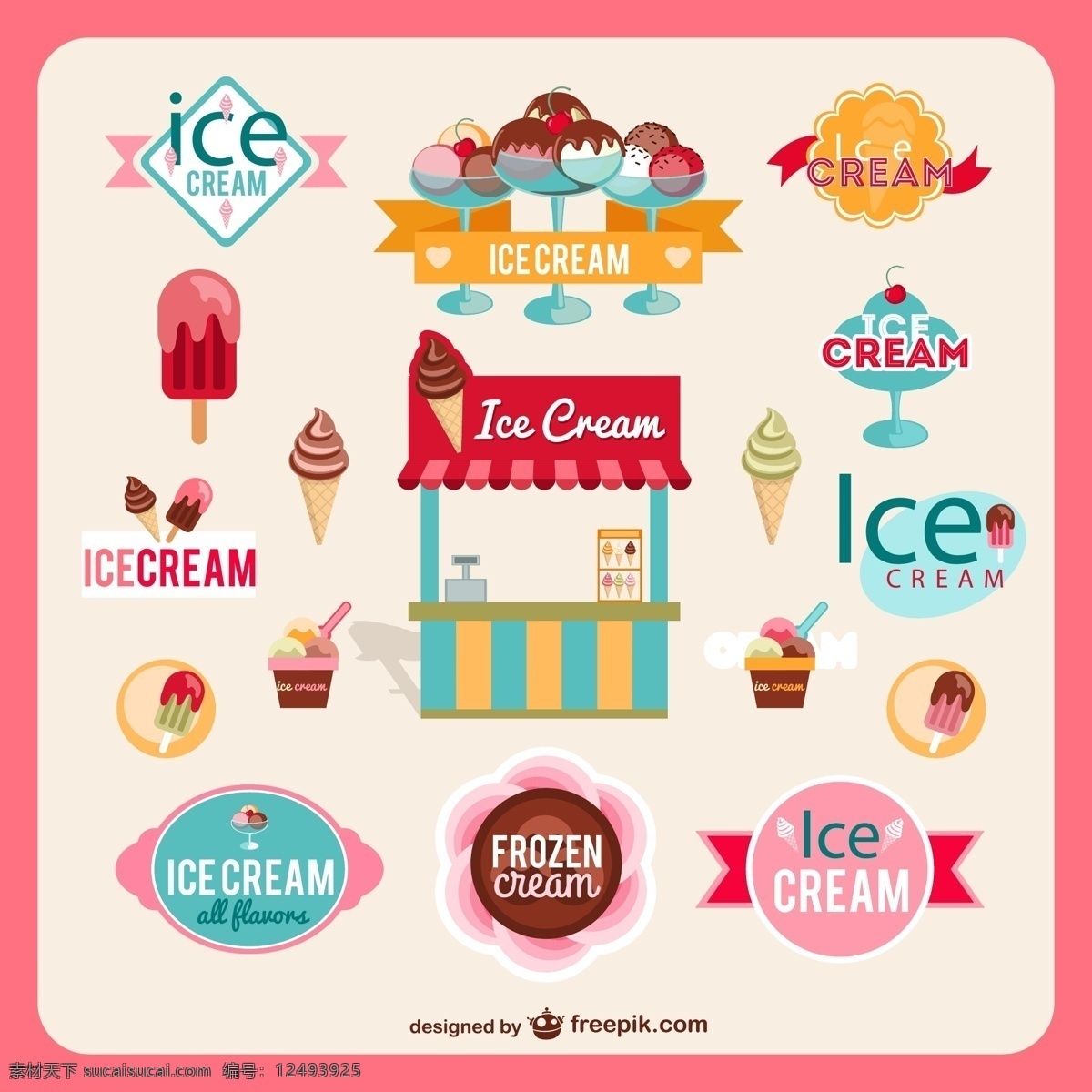 彩色 冰淇淋 元素 标签 夏季 甜品 甜点 冰淇淋车 杯装冰淇淋 冰棒 雪糕 冷饮 白色