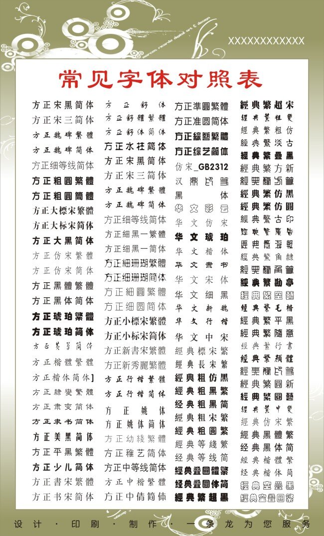 常用 字体 对照表 广告字体表 矢量图 艺术字