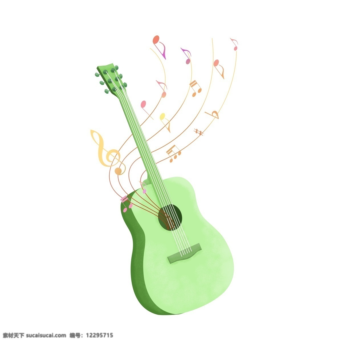 手绘 渐变 漂浮 音符 环绕 乐器 绿色 吉他 装饰 图案 手绘乐器 手绘吉他 漂浮音符 渐变音符 音符元素 吉他元素