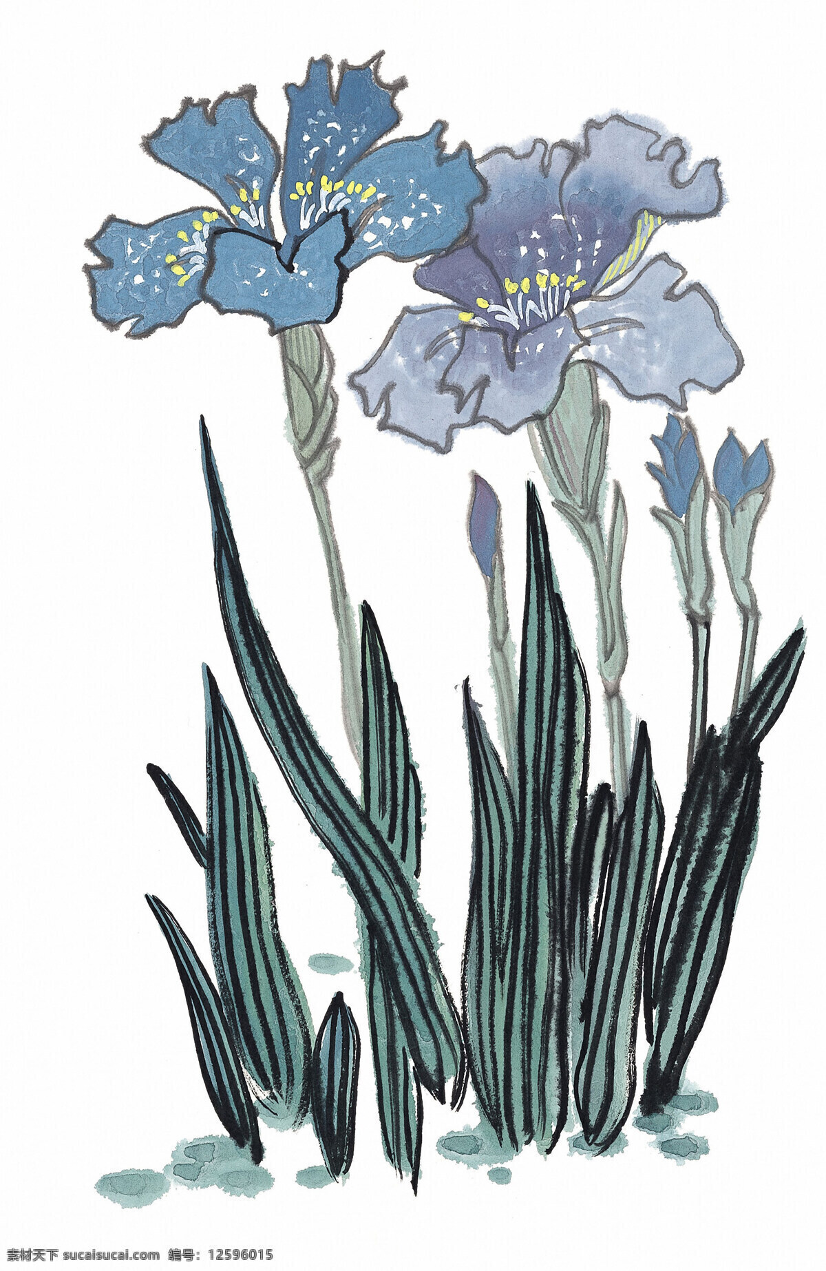 蓝色 水仙 水墨画 分层 国画 水墨风格 水墨风景 中国山水画 装饰画 水墨 植物 文化艺术