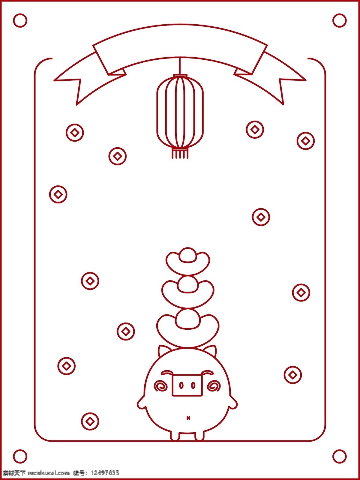 红色 金 猪 元宝 线条 海报 春节 插画 矢量 创意 边框 红色的元宝 红色的金猪 红色的丝带 红色的灯笼