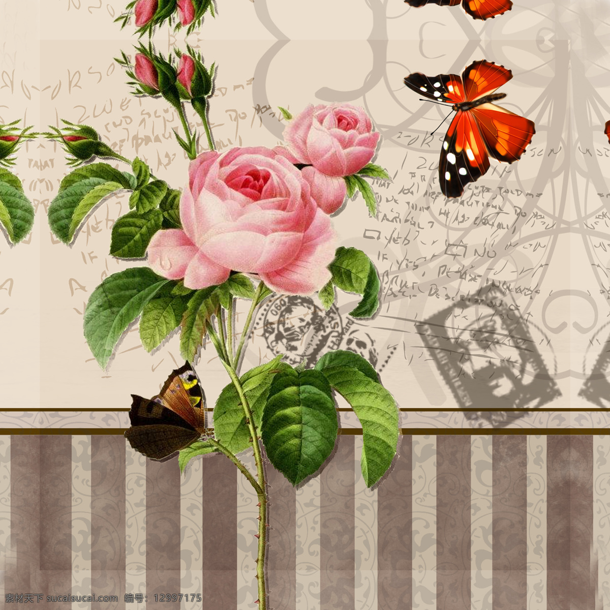 英伦 玫瑰花 复古 欧美风格 蝴蝶 底纹边框 背景底纹