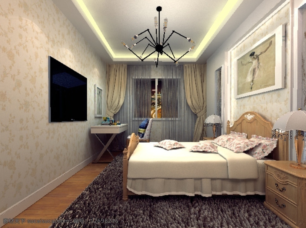 卧室 电视 床 台灯 窗户 窗帘 3d设计 3d作品 max