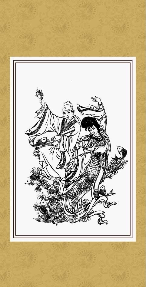 鬼狐仙怪 虹桥赠珠 线描 白描 绘画 工笔 国画 人物 传统纹样 民间故事 传统文化 文化艺术 矢量