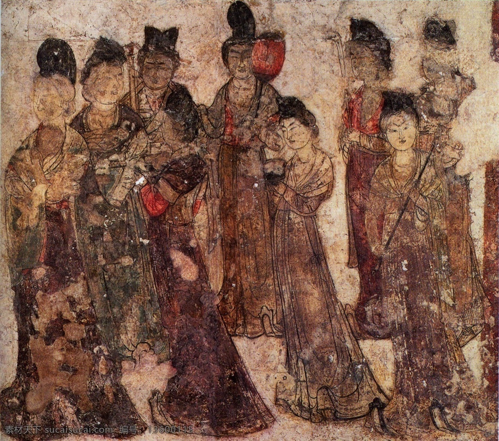 永泰公主 陵墓壁画 仕女图 古墓壁画 古代女子 牵马图 胡人牵马图 宫女图 人物图库