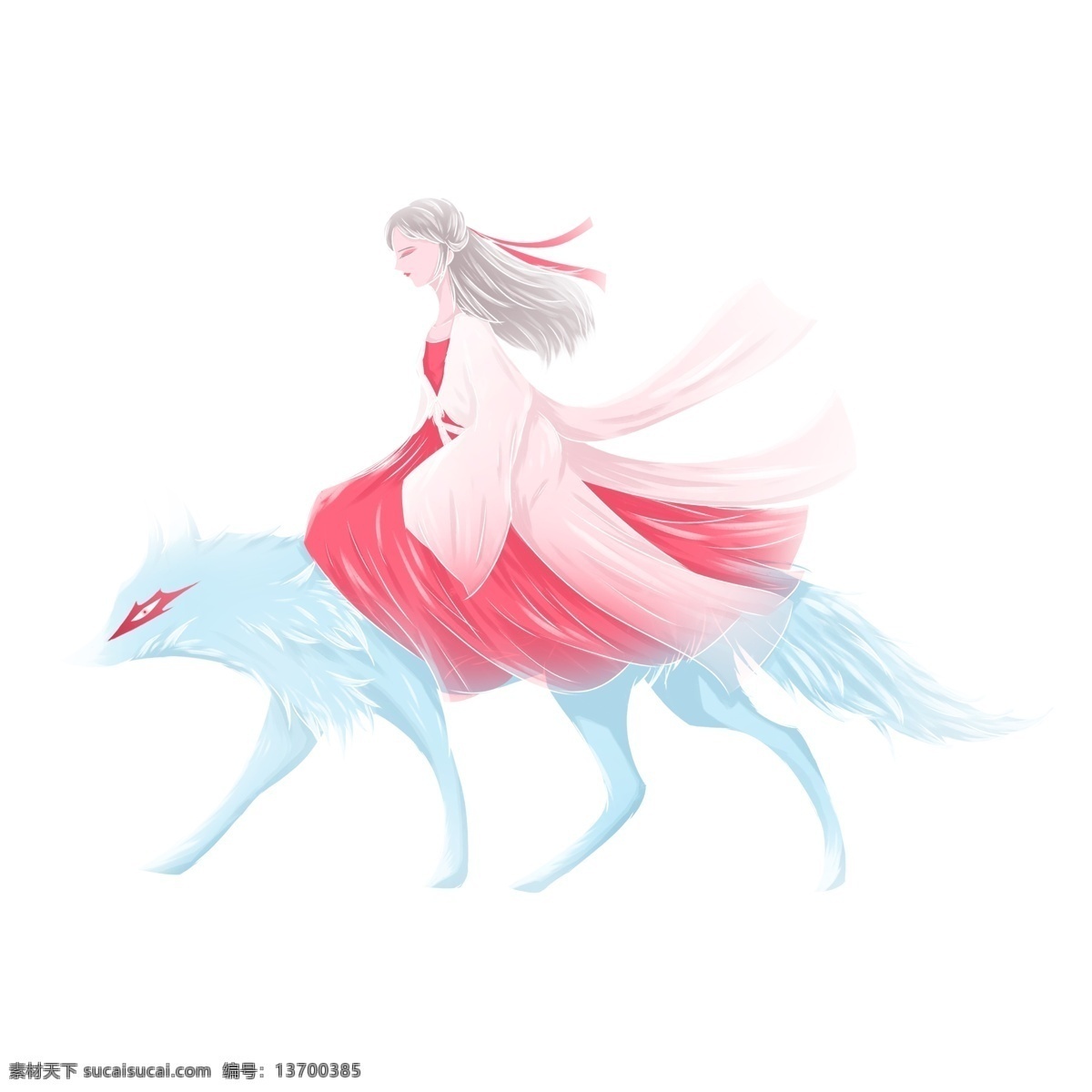 优美 古风 骑 狐狸 女子 商用 元素 插画 中国风 少女 梦幻 优美古风 手绘