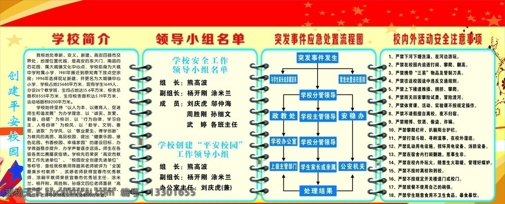 学校领导小组 学校 展板 领导小组 和谐校园 安全工作 突发事件 应急流程图 平安校园 展板模板