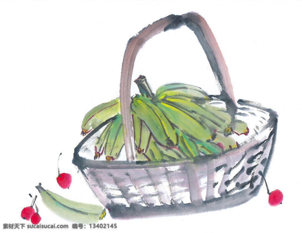 水墨画 篮子 蔬菜 鱼 中国风 中华艺术绘画 文化艺术
