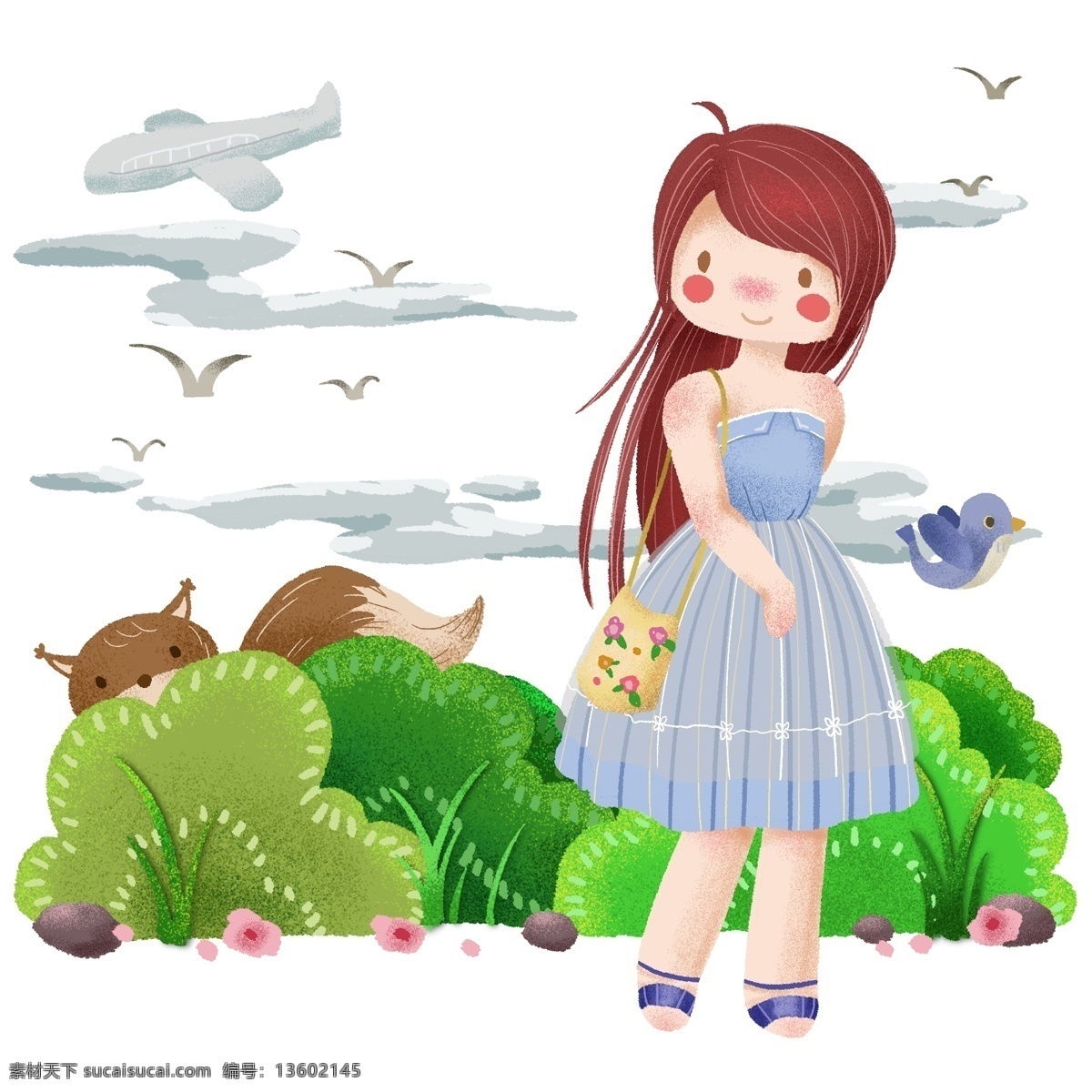 手绘 春天 可爱 松鼠 少女 上学 路上 绿色 植物 动物 卡通 女孩 小女孩 小鸟 草丛 春 春节