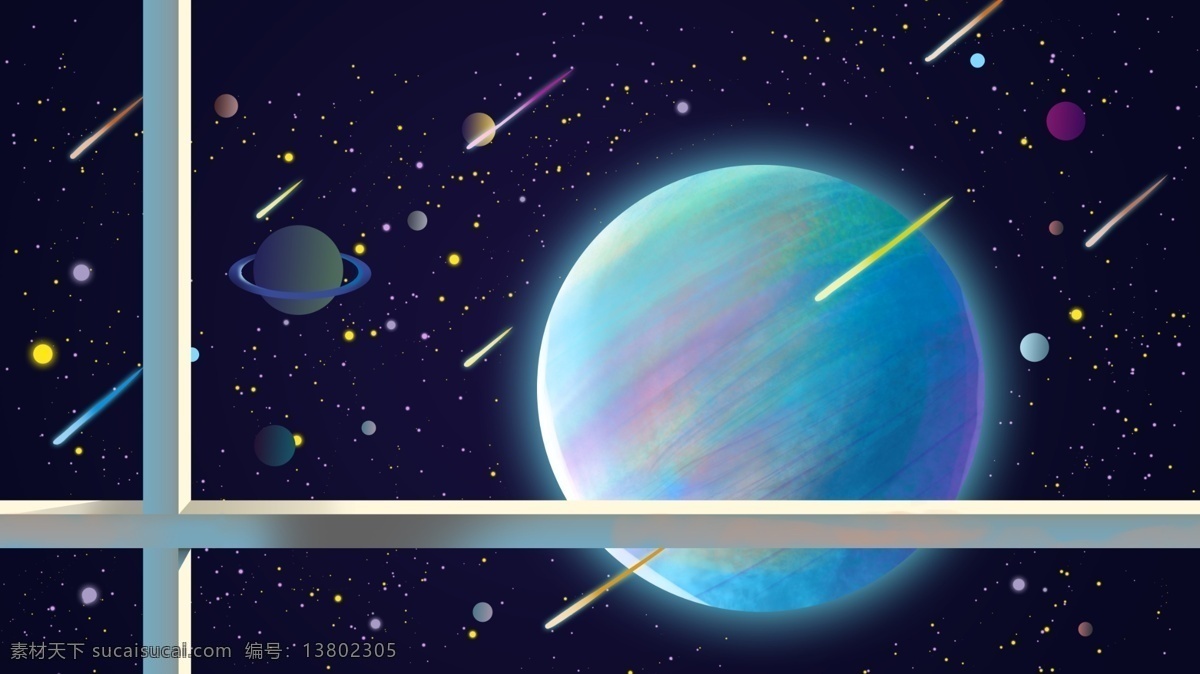 窗外 月亮 流星 卡通 背景 天空 夜空 星球 窗子