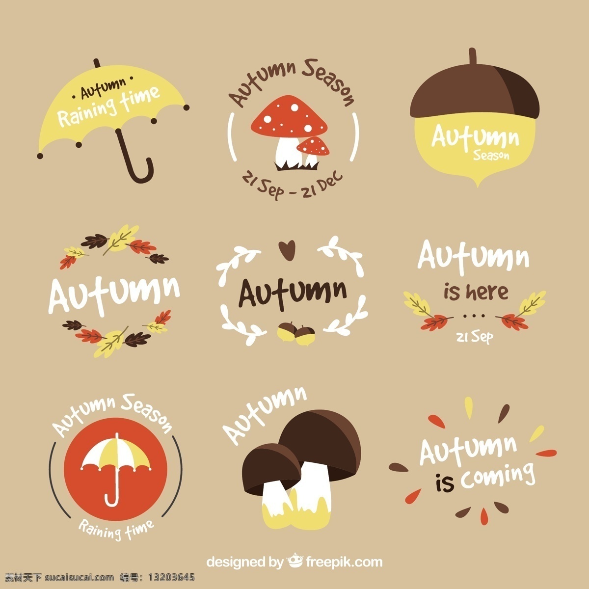 有趣 手绘 秋季 标签 手 叶 徽章 自然 可爱 秋天 树叶 彩色 平面 下雨 雨伞 颜色 平面设计 乐趣