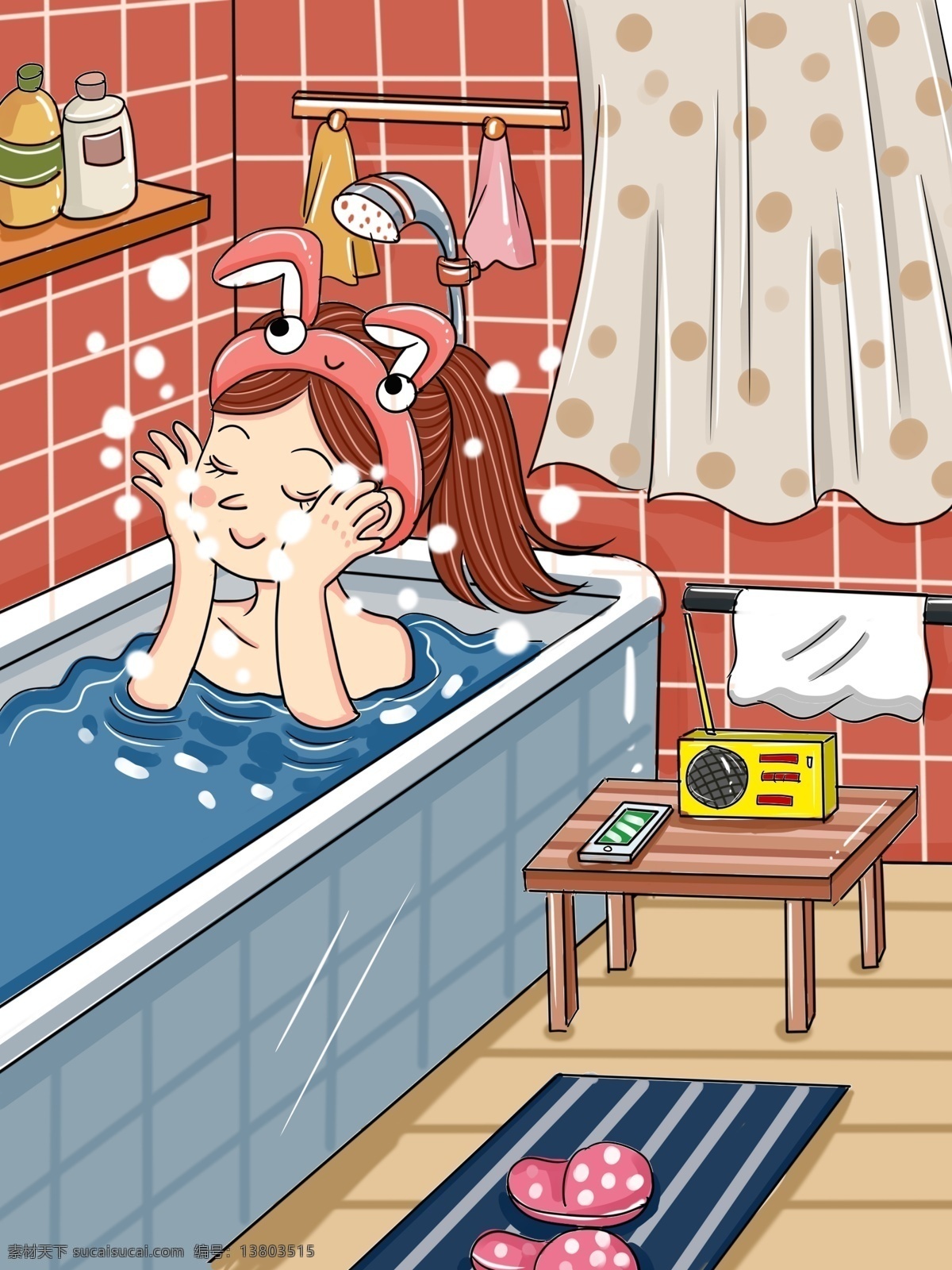 原创 女孩 浴室 护肤美容 卡通 小 清新 插画 护肤 小清新 微信 美容 微博