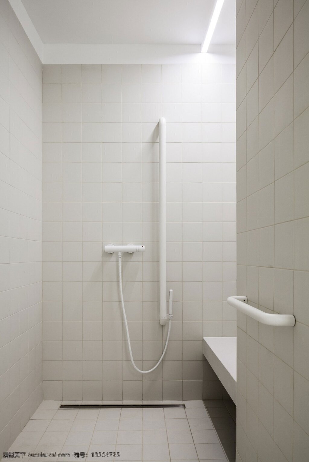 简约 卫生间 白色 灯光 装修 效果图 卫生巾 淋浴间 扶手 白色墙壁 格子 地板砖