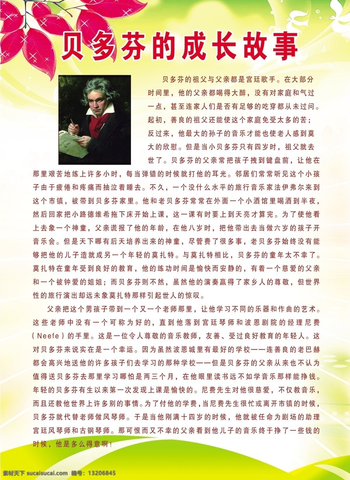 贝多芬的故事 贝多芬 学校展板 树叶 树枝 展板模板 广告设计模板 源文件