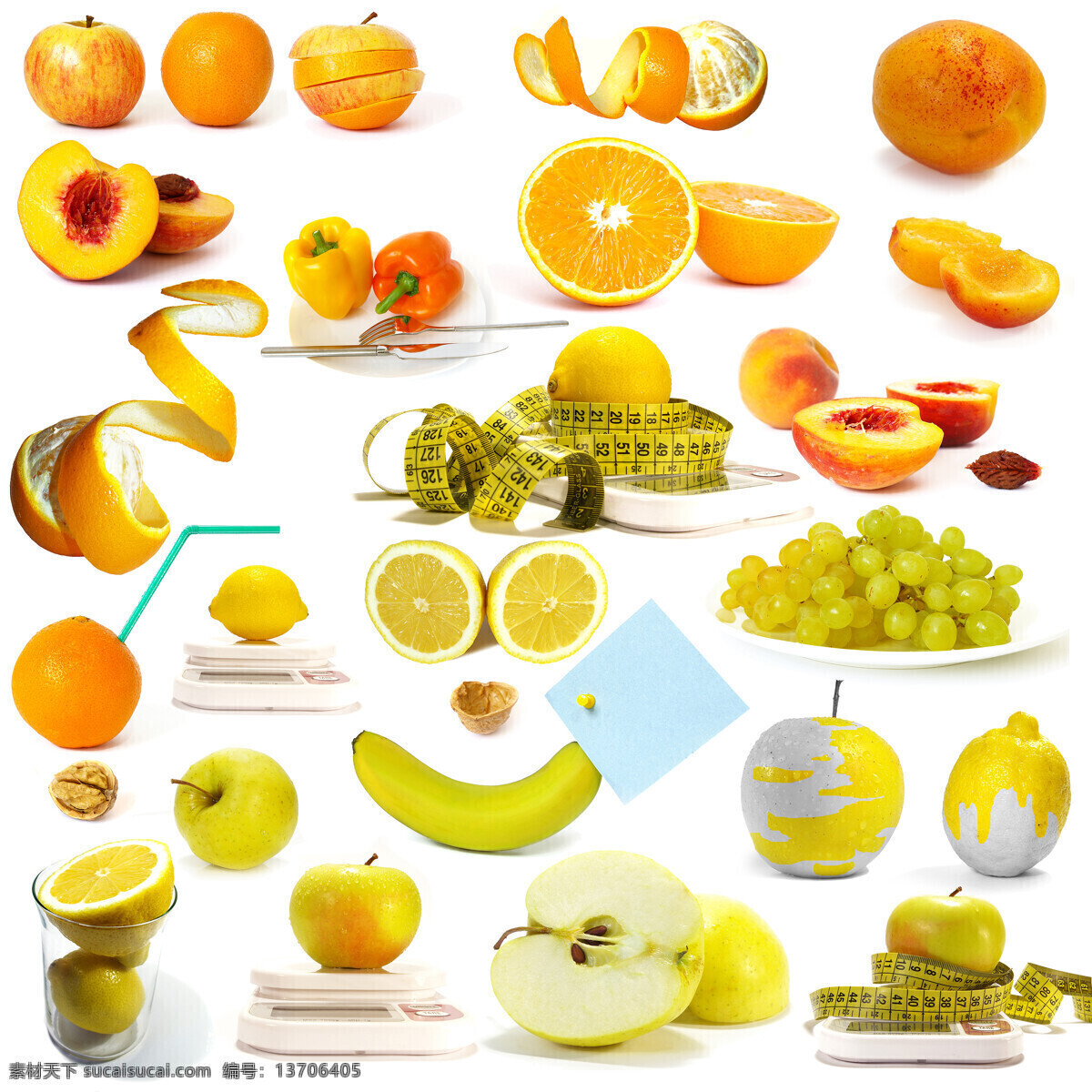苹果 橙子 香蕉 减肥 主题 高清 水果 软尺 桃子 葡萄 彩椒 电子秤 吸管 柠檬 高清图片 白色