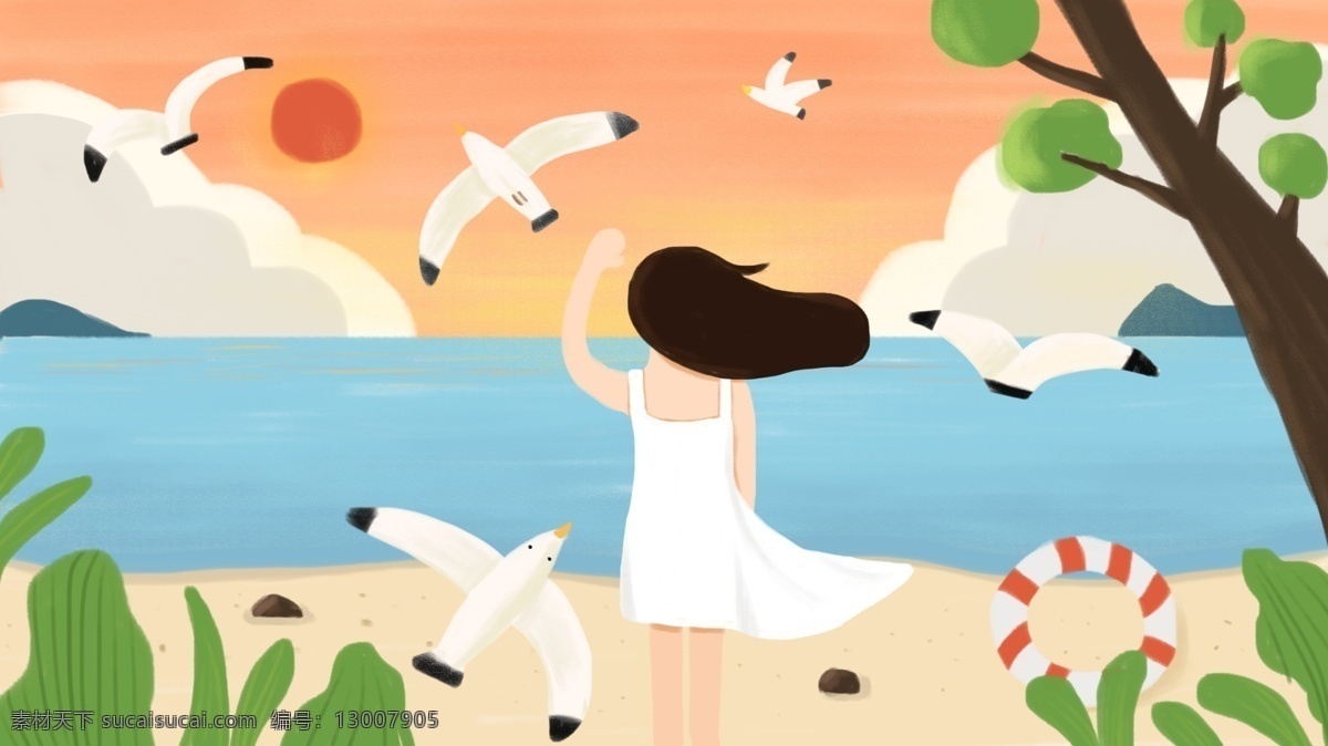 早安 海边 看 日出 女孩 海水 沙滩 白云 海鸥 挥手的女孩 树 游泳圈 美好心情
