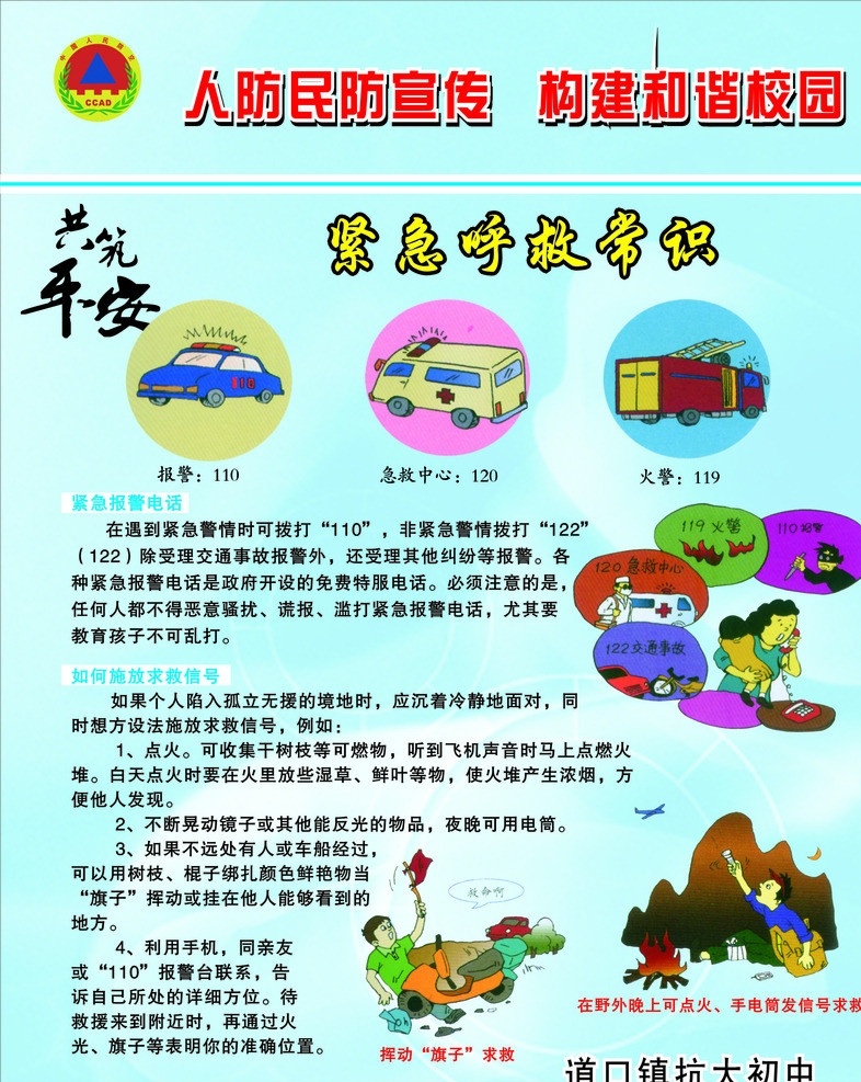 人民防空板面 人防 民防 紧急呼救常识 构建和谐校园 共筑平安 民防标志 板面 展板模板 矢量