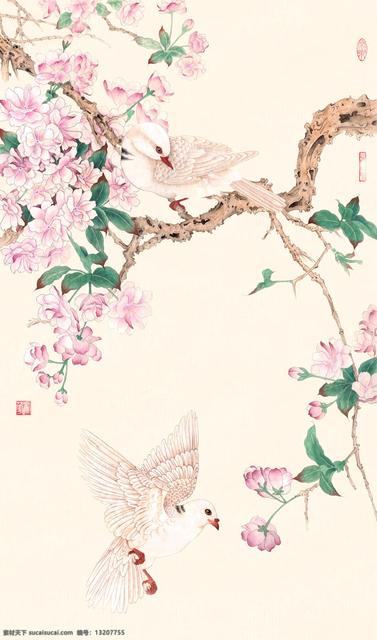 卢 芳 国画 鸽子 桃花 卢芳 工笔画 文化艺术 绘画书法