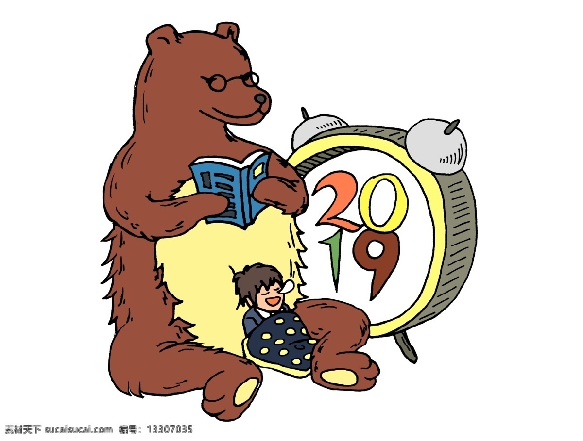 2019 新年 棕色 手绘 守 闹钟 睡觉 免 扣 可爱 眼睛 数字 猪年 农历 阅读 伴读 熊棕熊 知性 图书 睡衣 等待 陪伴 柔软 毛茸茸