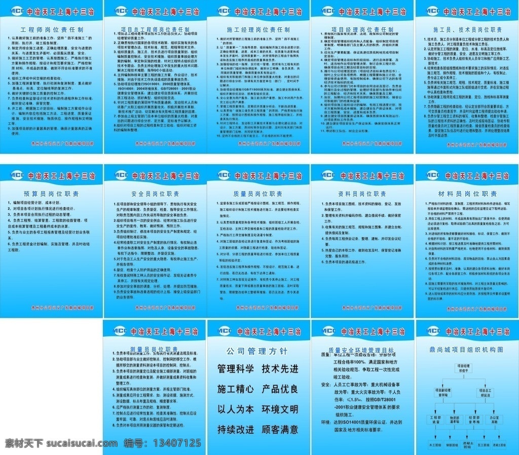 岗位责任制 预算员 质量员 安全员 工程师 项目经理 上海 十三冶 标志 主题蓝色 责任制 矢量