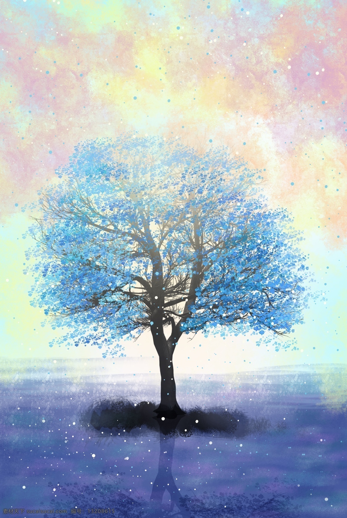 唯美 夏季 蓝色 树 插画 背景 树木 梦幻 天空 文艺 光感 蓝色的树 云彩