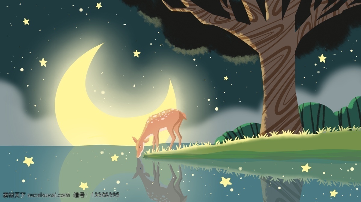 夜晚 月亮 下 饮水 梅花鹿 治愈 系 插画 森林 绿色 唯美 星空 鹿 橘色 植物 屏幕 手机屏 灿烂 夜空