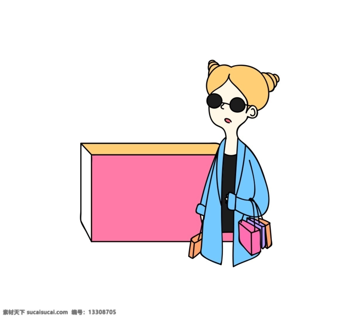 孟菲斯 波普 创意 美女 边框 粉色的边框 性感的美女 蓝色的衣服 黑色的墨镜 手绘边框