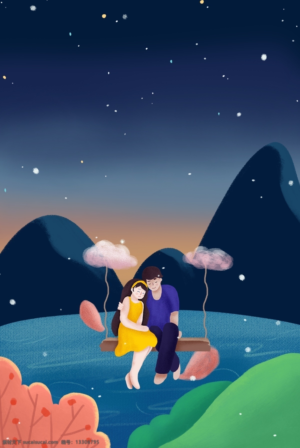 唯美 情侣 服装 上 新 海报 夜晚 浪漫 爱情 插画风 促销海报