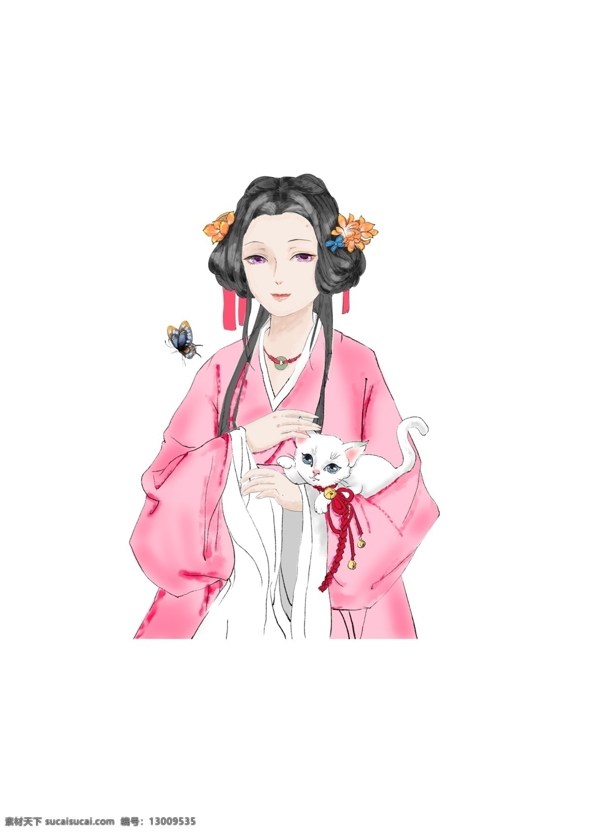 中国 风 水彩 少女 可爱 中国风 猫咪 蝴蝶 粉红色 可爱美丽 海报 人物 半身 手绘 复古 插画